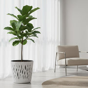Matera Sandy Round de 26 cm en color blanco, con sus medidas y capacidad, mostrando su textura de finas ondas verticales y su insert interior. #ia - Tumatera.co