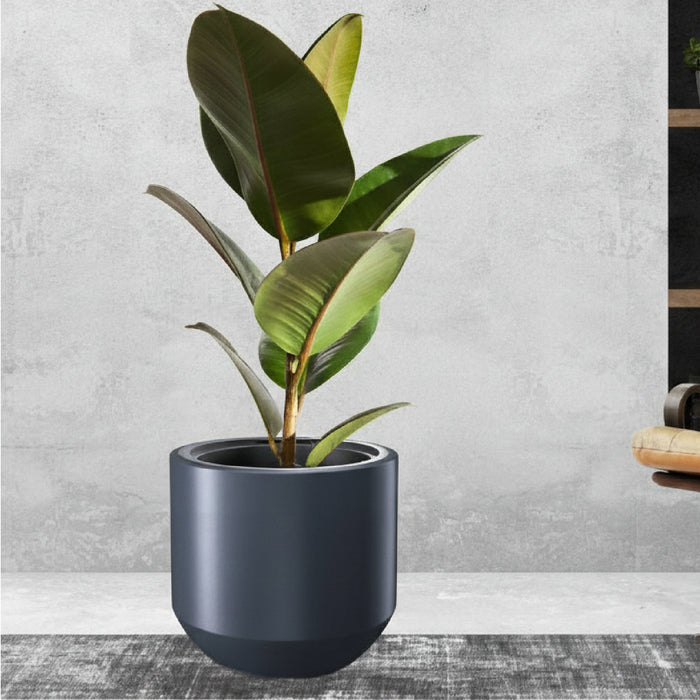 Matera de piso cilíndrica y minimalista, modelo Heos de 39cm en color antracita, mostrando su acabado mate y su insert interior. #ia - Tumatera.co