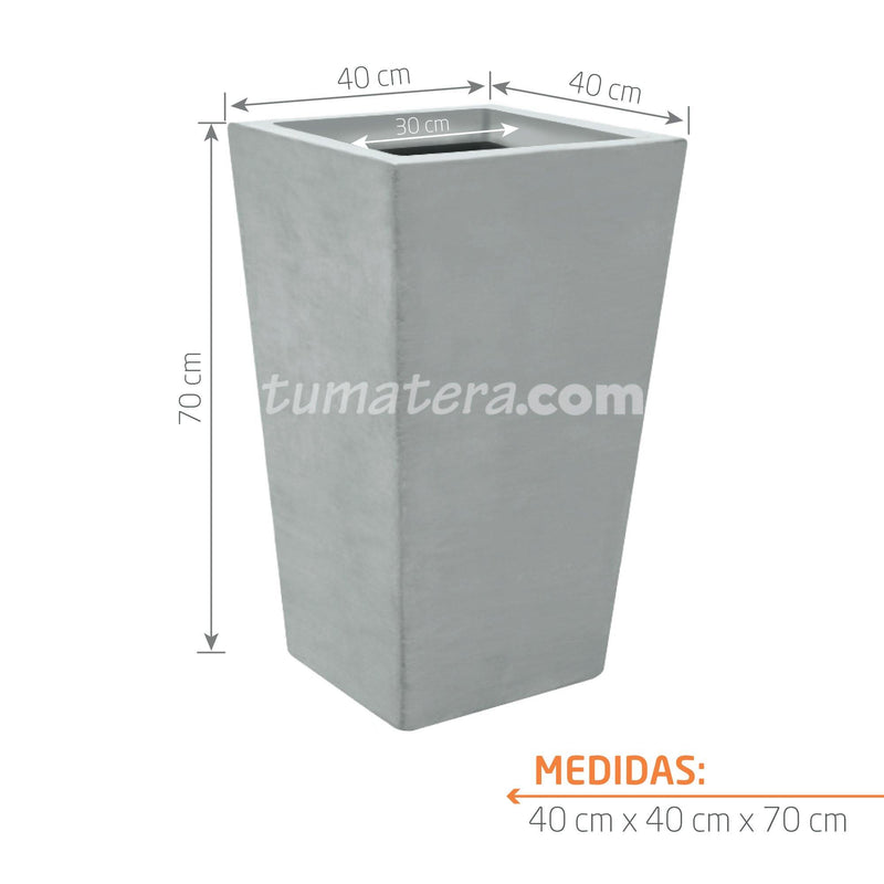  vista frontal principal color gris, con acercamiento fondo blanco  medidas: 40 cm Boca x 30 cm Base x 70 cm de Alto
