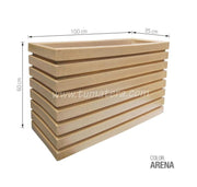 vista frontal izquierda fondo blanco con acercamiento jardinera color arena con especificaciones medidas matera 100 cm Largo x 35 cm Ancho x 60 cm de Alto